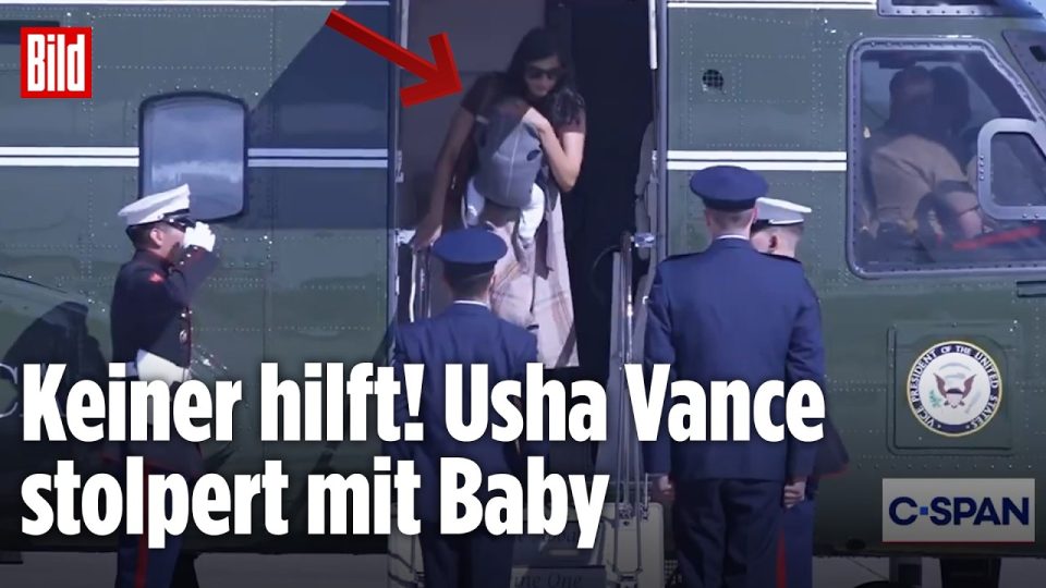 Usha Vance verlässt einen Helikopter in Alaska mit Baby auf der Brust – Usha Vance stolpert kurz beim Aussteigen