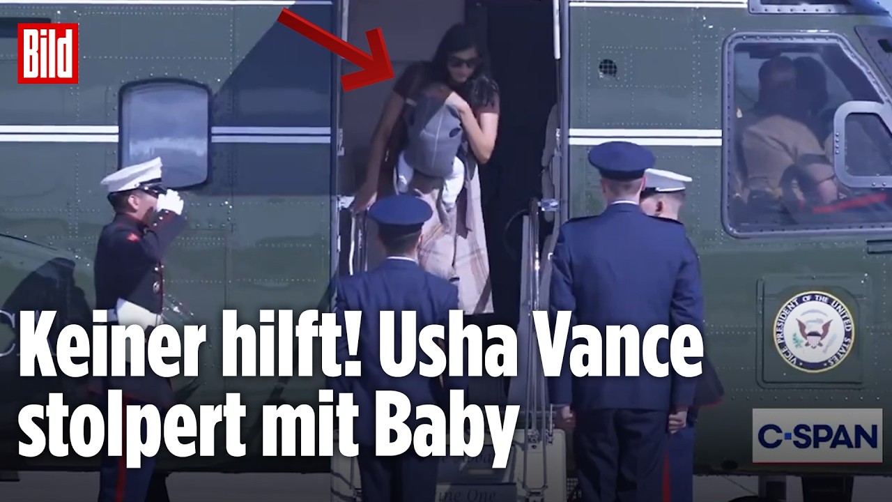 Usha Vance verlässt einen Helikopter in Alaska mit Baby auf der Brust – Usha Vance stolpert kurz beim Aussteigen