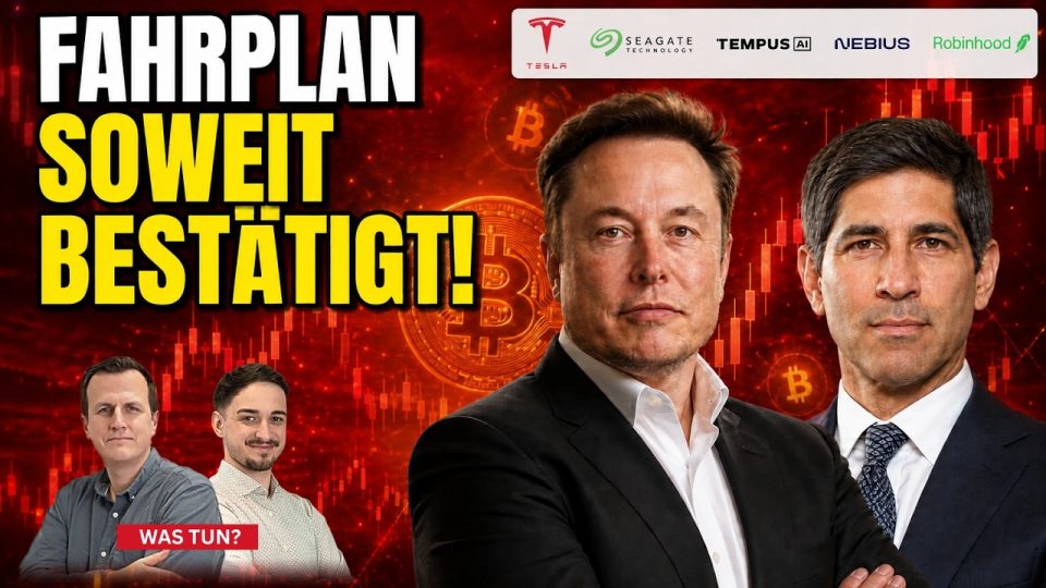 Techaktien Korrektur – Börsenbildschirm mit steigenden Kursen von Techaktien wie Tesla und Nasdaq nach Ende der Korrektur