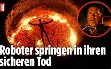 Humanoider Roboter F02 von Figur springt in einen Elektroschmelzofen mit flüssigem Stahl in Finnland