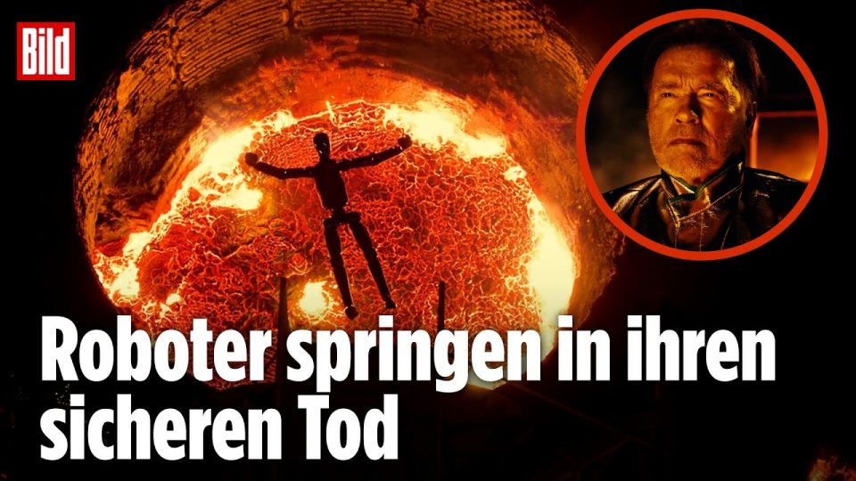 Humanoider Roboter F02 von Figur springt in einen Elektroschmelzofen mit flüssigem Stahl in Finnland