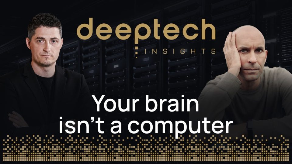Neurowissenschaftler diskutiert KI-Bewusstsein – symbolisch dargestellt durch ein leuchtendes Gehirn neben einem KI-Chip