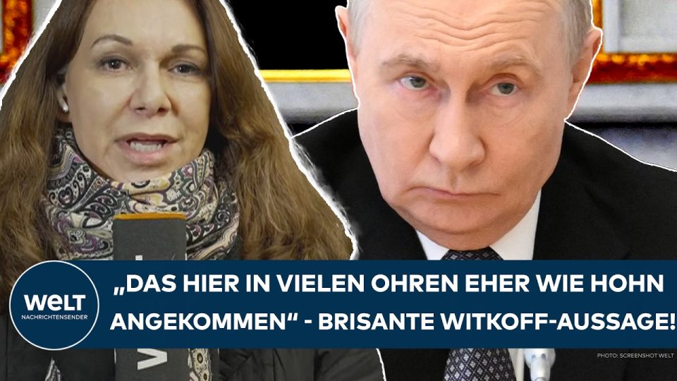 Ukraine-Krieg Verhandlungen – Ukrainische Flagge vor zerstörtem Gebäude in Kiew – Symbol für den Ukraine-Krieg und stockende…