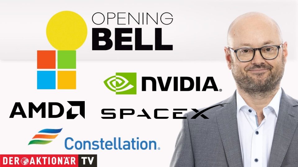 Börsenhändler vor Kursmonitoren mit KI-Aktien wie Nvidia, AMD und Microsoft im Blick