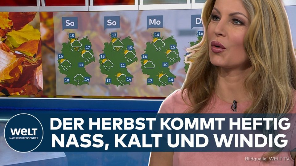 Herbstwetter in Deutschland: Dunkle Wolken, Regen und Wind über einer Landschaft – typisches Herbstwetter im Oktober