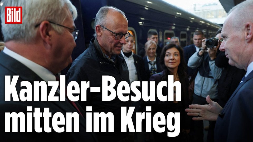 Merz Kiew Besuch – Bundeskanzler Friedrich Merz beim Solidaritätsbesuch in Kiew, Ukraine, trotz russischer Drohungen