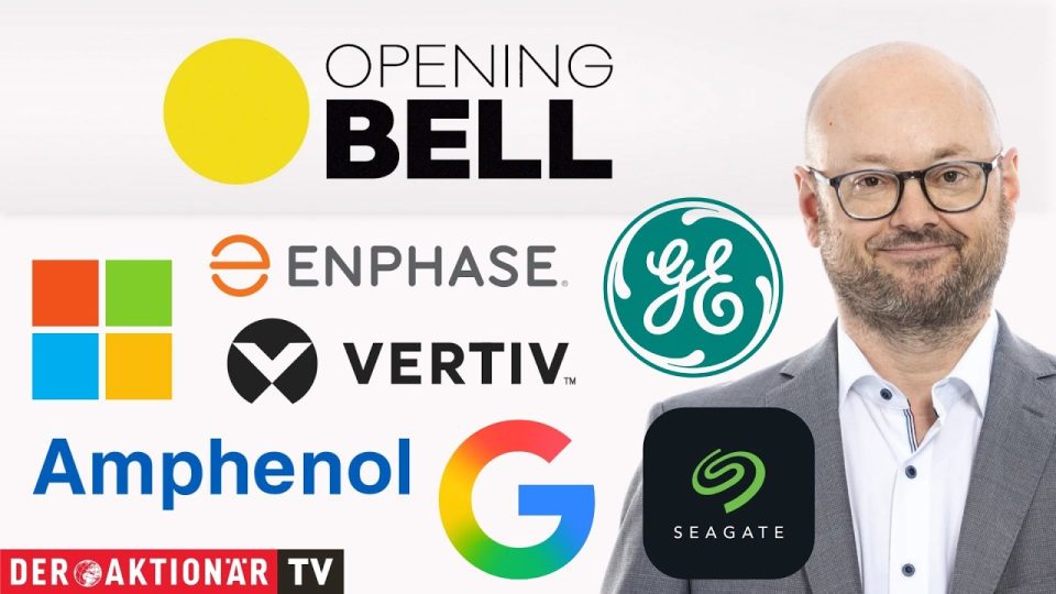 Händler an der Wall Street verfolgen Quartalszahlen von Vertiv, Microsoft und Alphabet auf Monitoren