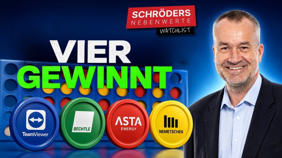 Nebenwerte Watchlist: Aktien-Charts von TeamViewer, Bechtle, ASTA Energy und Nemetschek auf einem Bildschirm