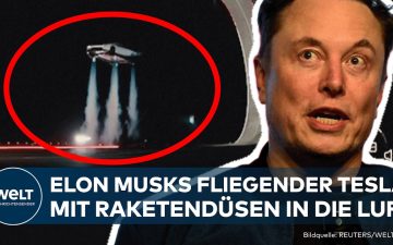Tesla Roadster mit Raketendüsen auf einer Präsentationsbühne in Texas – Elon Musks fliegender Elektro-Sportwagen