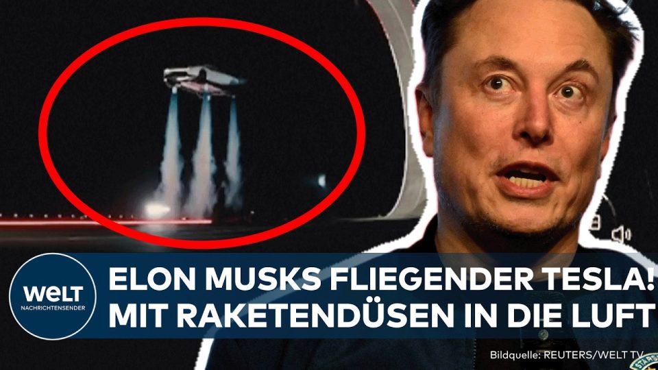 Tesla Roadster mit Raketendüsen auf einer Präsentationsbühne in Texas – Elon Musks fliegender Elektro-Sportwagen