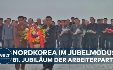 Massenveranstaltung in Pjöngyang zum 81. Jahrestag der Nordkorea Arbeiterpartei mit tanzenden und singenden Menschen