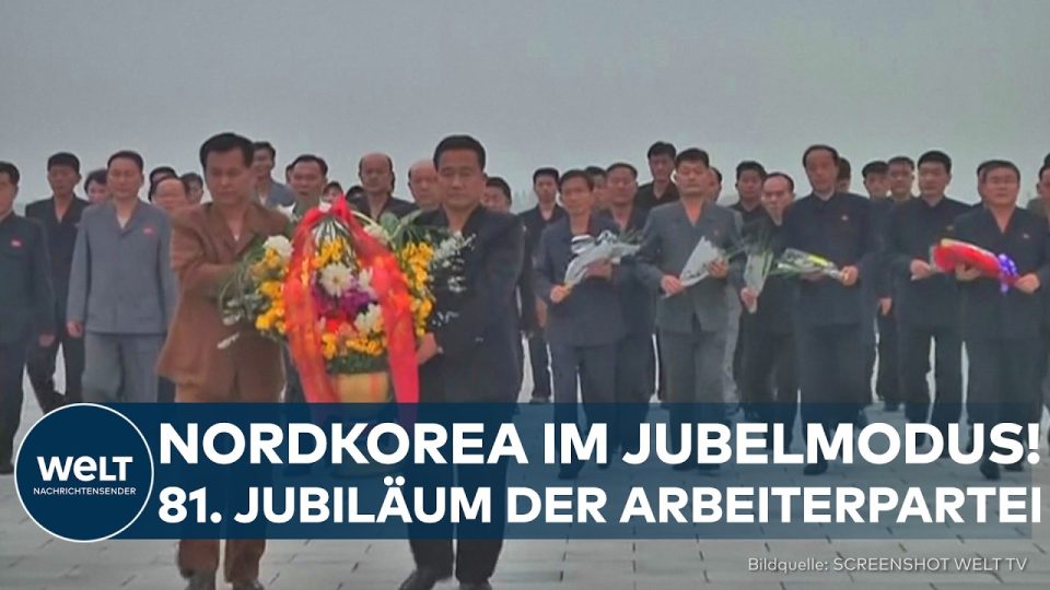 Massenveranstaltung in Pjöngyang zum 81. Jahrestag der Nordkorea Arbeiterpartei mit tanzenden und singenden Menschen