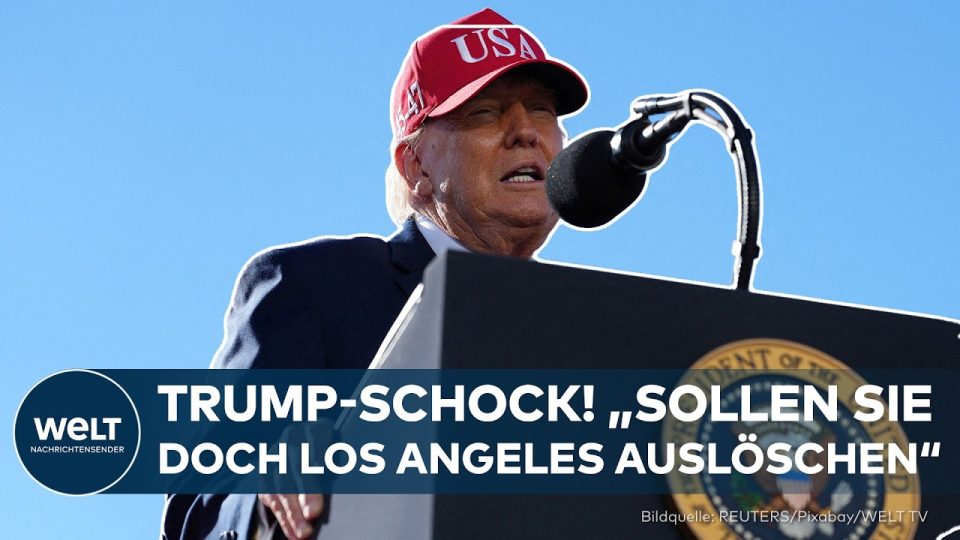 Iran-Angriff USA – Donald Trump bei einem Wahlkampfauftritt, spricht über Iran-Angriff auf US-Städte wie Los Angeles