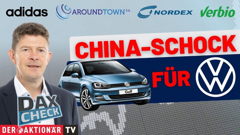 DAX-Analyse auf einem Börsenmonitor – Kursverläufe von Adidas, Nordex und Volkswagen im Überblick