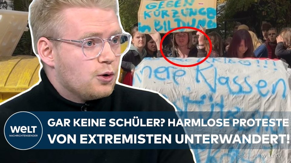 Schülerinnen und Schüler bei einem Protest vor einem Berliner Gymnasium, im Hintergrund Palästinaflaggen – Schülerproteste B…