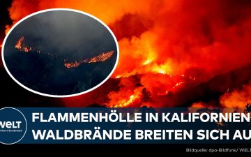 Waldbrand Kalifornien – Feuerwehrleute bekämpfen einen Waldbrand in Kalifornien, Flammen und Rauch über Wohnhäusern nahe San…