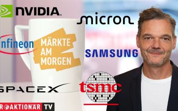 Börsenbildschirm mit Kursanzeigen für KI-Aktien wie Nvidia, Micron und TSMC in einem modernen Handelsraum