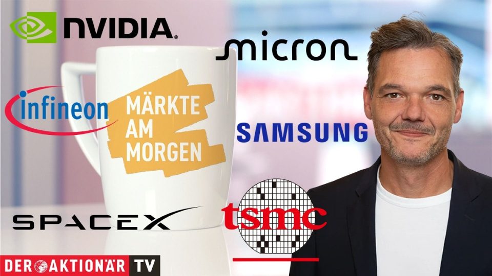 Börsenbildschirm mit Kursanzeigen für KI-Aktien wie Nvidia, Micron und TSMC in einem modernen Handelsraum